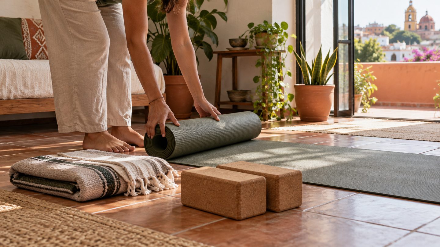 Persona adulta consulta o prepara recursos prácticos para la nota “Prepara un espacio sencillo para practicar yoga”.