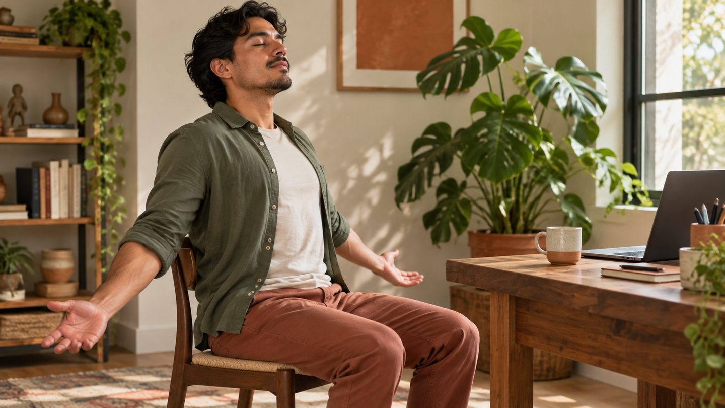 Persona adulta prepara o practica yoga con comodidad en una escena relacionada con la nota “Yoga sentado: movilidad suave para empezar”.