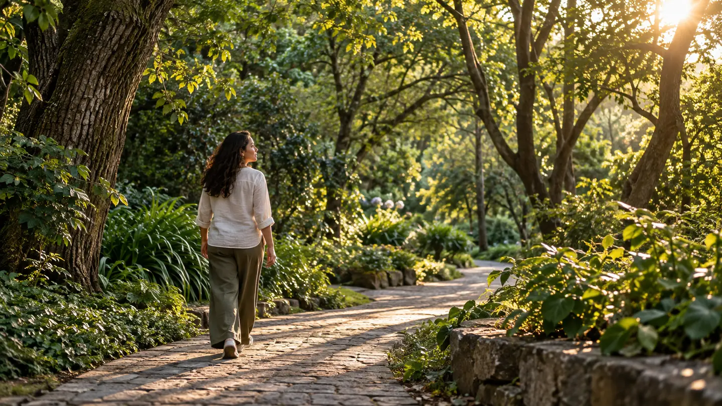 Mujer que camina sola por un sendero arbolado iluminado por el sol.