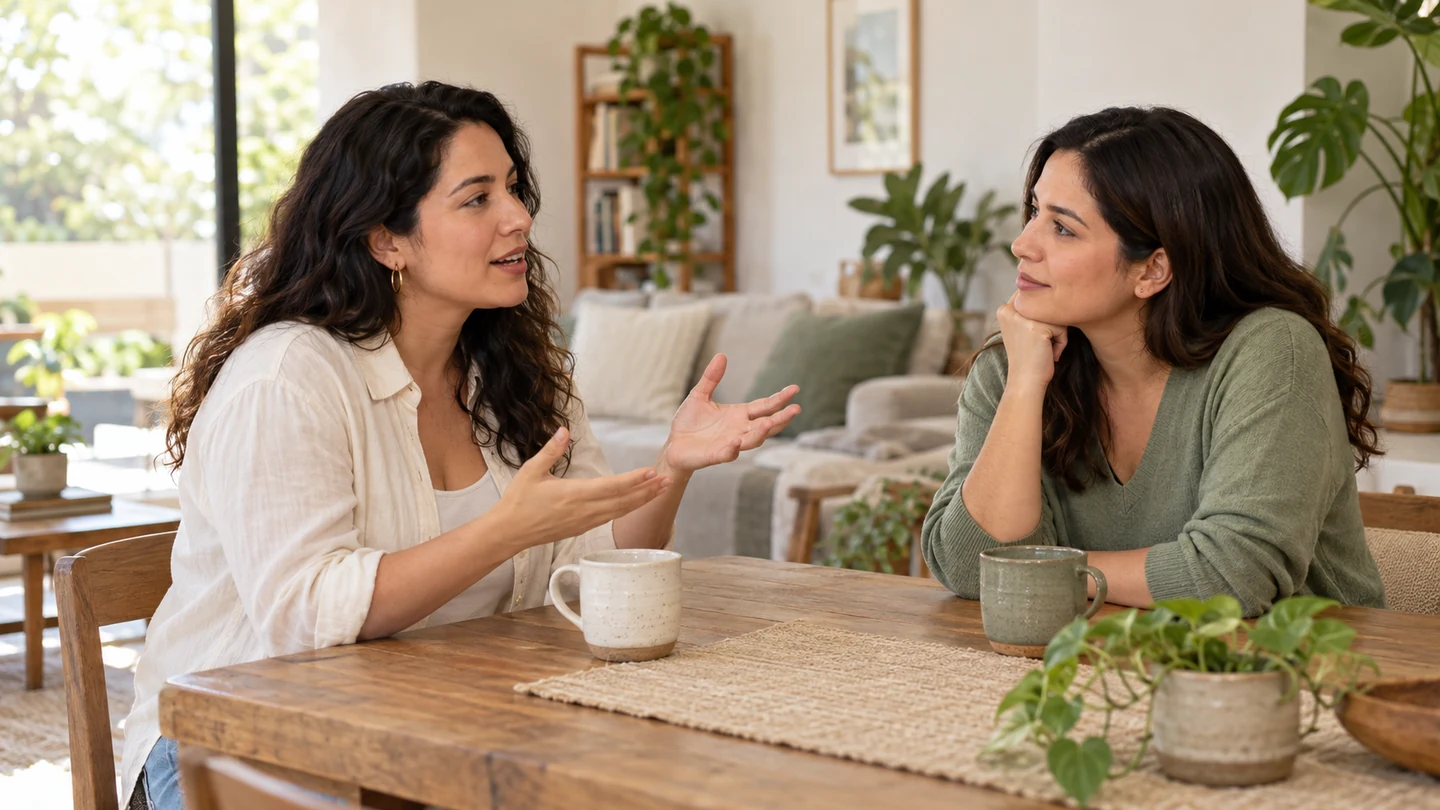 Dos mujeres conversan con calma frente a frente en una sala luminosa.