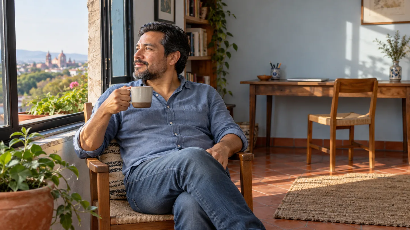 Hombre sentado junto a una ventana con una taza, apartado de su escritorio.