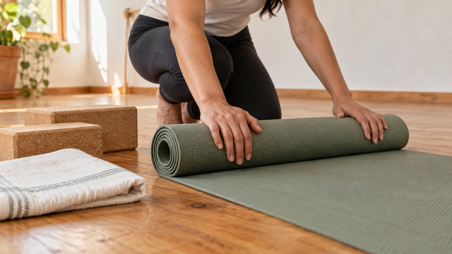 Manos que preparan una esterilla de yoga junto a dos bloques y una toalla.